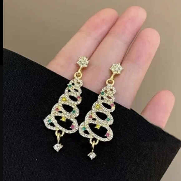 Elegant Christmas Tree Dangle Earrings With Multicolor Zirconia Stones Gold - Picture 3 of 5